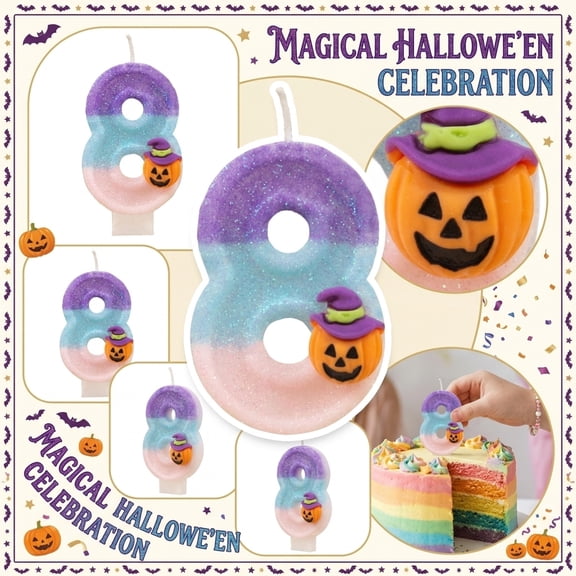 Glitter Gradient Number 8 Halloween Birthday Candle, Birthday Cake Candle, Halloween Birthday Cake Decorations, Spooky Halloween Decor, Witch Jack O Lantern Accent Candle for Cake