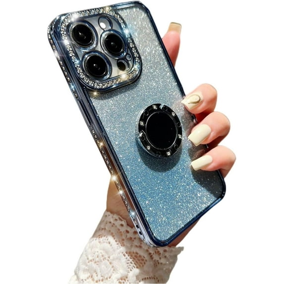 Glitter Gradient Popular TPU Phone Case for iPhone X XS XR Max 7 8 Plus Unique Finger Ring Stand Border Bling Diamonds Back Cover(Blue,XS Max)