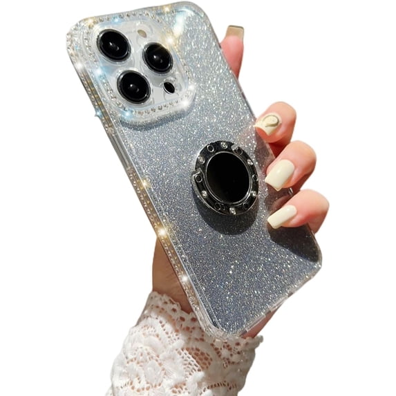 Glitter Gradient Popular TPU Phone case for iPhone 14 13 12 11 Pro Max Plus Unique Finger Ring Stand Border Bling Diamonds Back Cover(Clear,11 Pro Max)