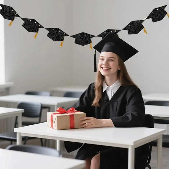 Glitter Graduation Cap Garland, Black Graduation Banner for High Sch-ool College Grad Party, Pre-Assembled 118 Inches