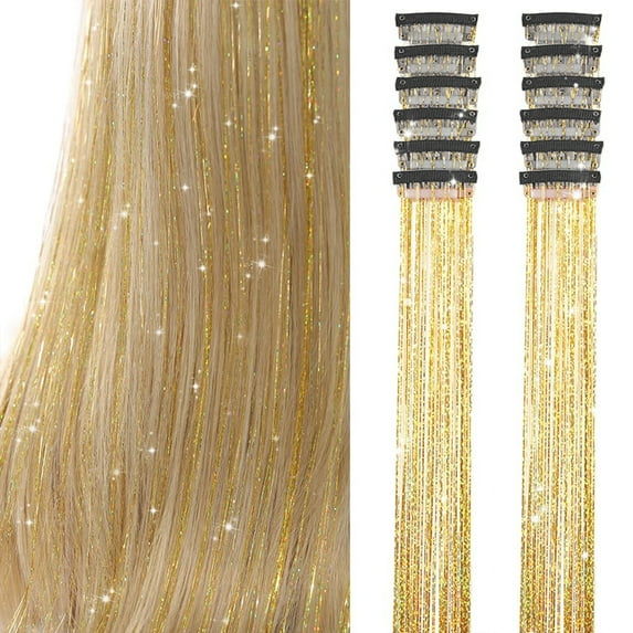 Glitter Hair Tinsel Pack of 12 Pcs, Colorful Hair Accessories 20 Inch Clip in Hair Tinsel Extensions Fairy Hair Accessories Party Kit for Women