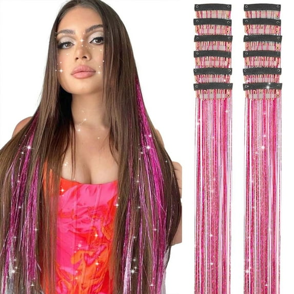 Glitter Hair Tinsel Pack of 12 Pcs, Colorful Hair Accessories 20 Inch Clip in Hair Tinsel Extensions Fairy Hair Accessories Party Kit for Women