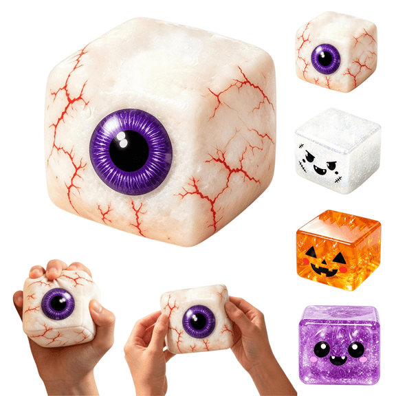 Glitter Halloween Cube Squishies, Fidget Toys Adults & Teens Halloween Basket Stuffers, Cube HTF Sparkling Stress Relief Collectible, Sensory Stress Ball Square Squeeze Toys,White