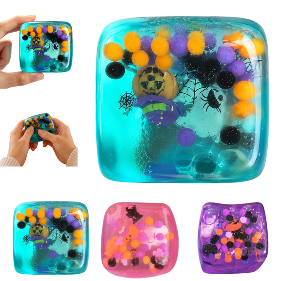 Glitter Halloween Cube Squishies, Fidget Toys Adults & Teens Halloween Basket Stuffers, Cube HTF Sparkling Stress Relief Collectible, Sensory Stress Ball Square Squeeze Toys,Blue