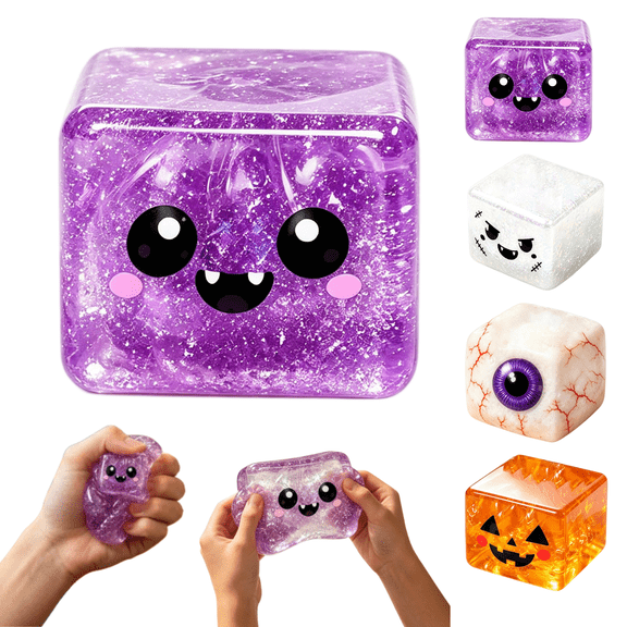 Glitter Halloween Cube Squishies, Fidget Toys Adults & Teens Halloween Basket Stuffers, Cube HTF Sparkling Stress Relief Collectible, Sensory Stress Ball Square Squeeze Toys,Purple