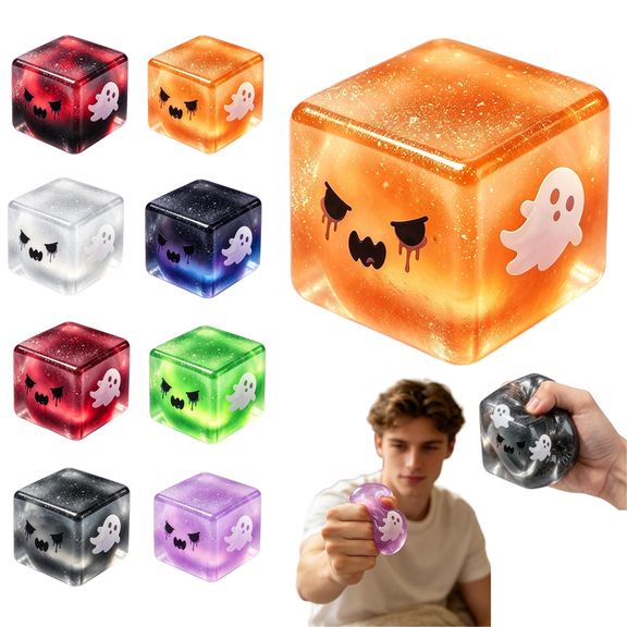 Glitter Halloween Cube Squishies, Fidget Toys Adults & Teens Halloween Basket Stuffers, Cube HTF Sparkling Stress Relief Collectible, Sensory Stress Squeeze Toys,Orange