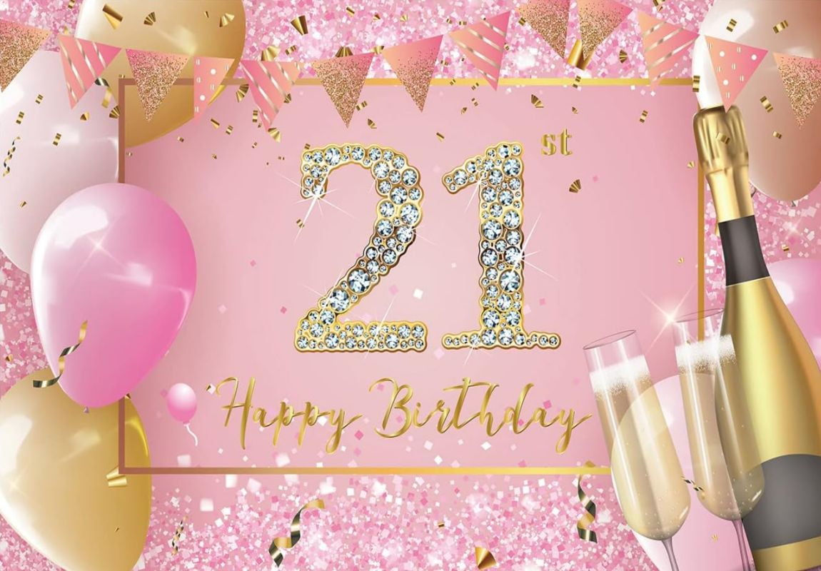 Pink 21st Birthday Banner - Glitter Champagne & Fake ID Sign For Girls Party Decorations