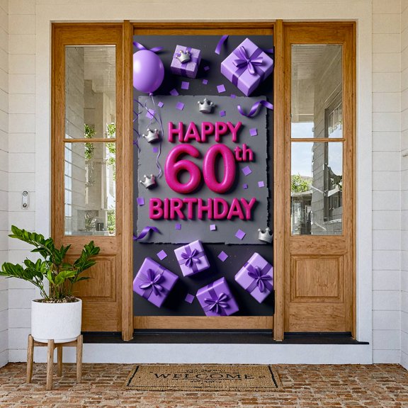Glitter Happy 60th Birthday Banner Pink Lettering 60th Birthday Backdrop Crown Embellished Purple Ribbon Birthday Celebration Banner for 60-Year-Old Celebrants Adult Birthday Parties Family