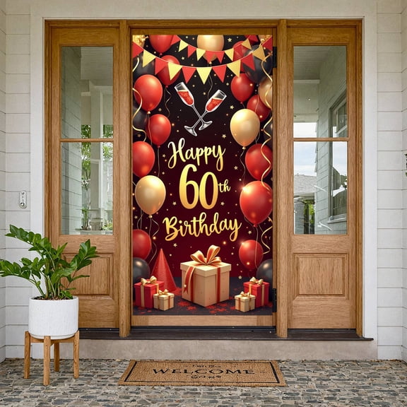 Glitter Happy 60th Birthday Banner Red & Gold Tone 60th Birthday Backdrop Sparkling Stars Gift Box Design Birthday Party Background for 60th Birthday Party Adult Birthday Celebration Home Party