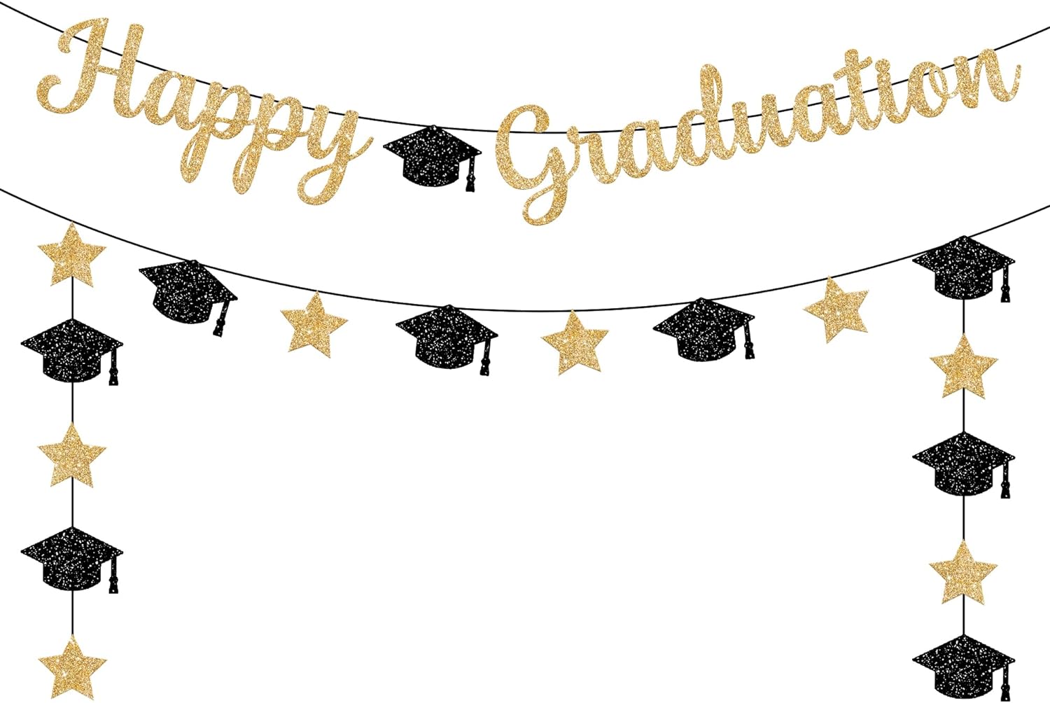 Glitter Happy Graduation Banner - No DIY, Happy Graduation Sign For Graduation Party Decorations 2024 | Gold and Black Graduate Banner, Graduation Decorations Class Of 2024