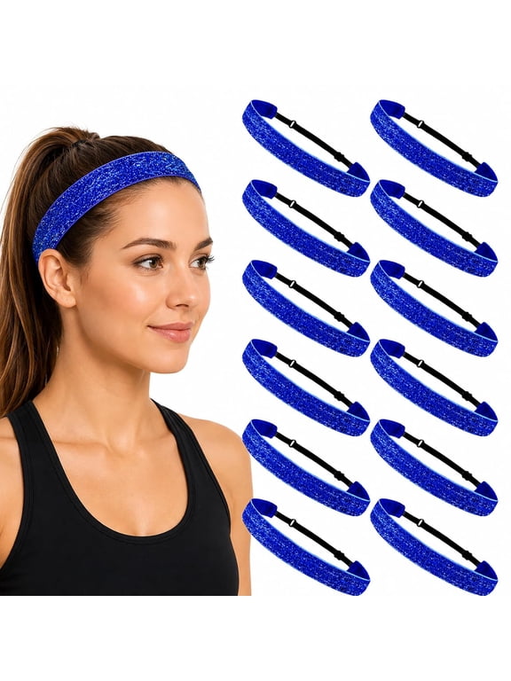 Glitter Headband Softball 12 Pack, Sparkly Sports Headbands for Women, Non Slip Soft Velvet Lining, Adjustable Elastic Hair Bands for Softball Cheer Volleyball Dance Team (Blue)
