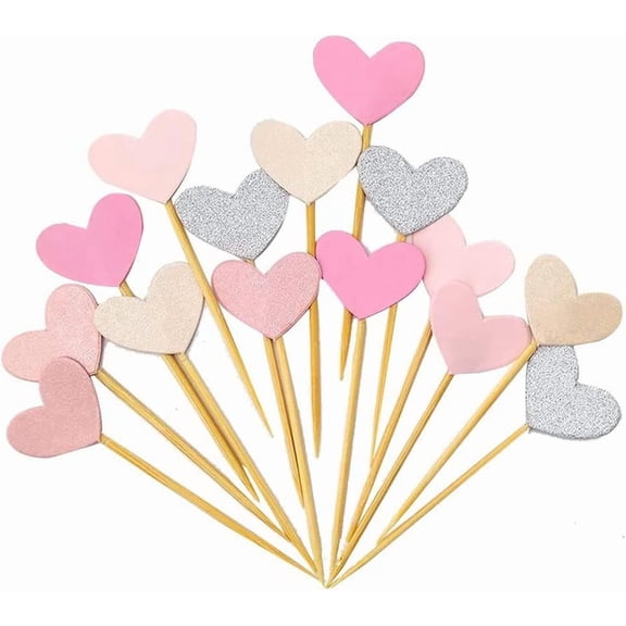 Glitter Heart Cupcake Toppers, 50Pcs Love Valentine's Day Food Picks Cake Decorations for Wedding Bridal Birthday Party Baby Shower