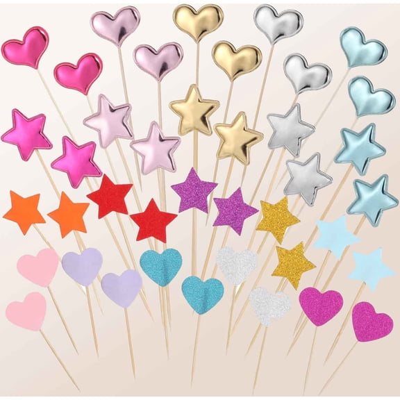 Glitter Heart Cupcake Toppers Colorful Star Decorations Rainbow Cake Toppers Heart and Star Party Accessories for Birthday Wedding Party Cakes Valentines