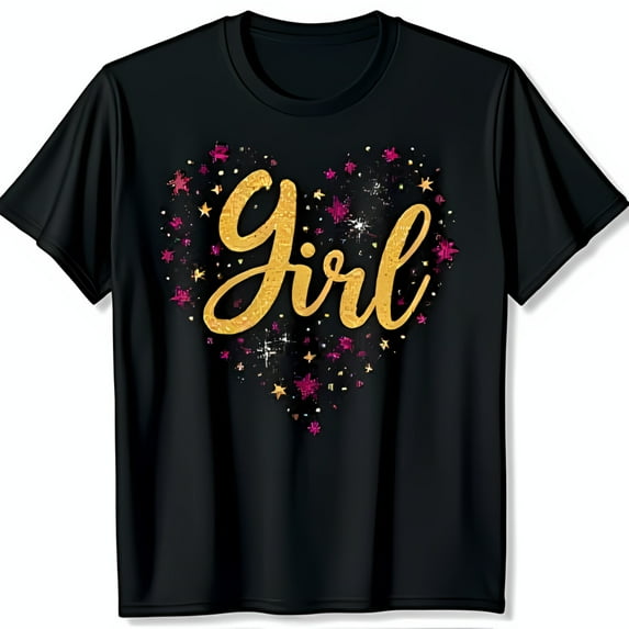 Glitter Heart Graphic Black T-Shirt for Bold Gold Script Design