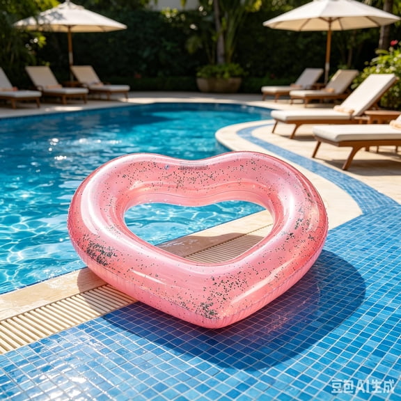 Glitter Heart Inflatable Swim Ring, Transparent Sequins Pool Float for Adults & Teens