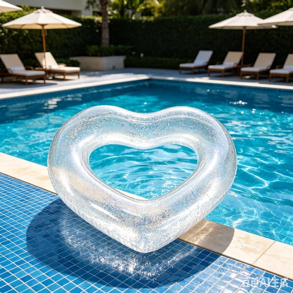 Glitter Heart Inflatable Swim Ring, Transparent Sequins Pool Float for Adults & Teens