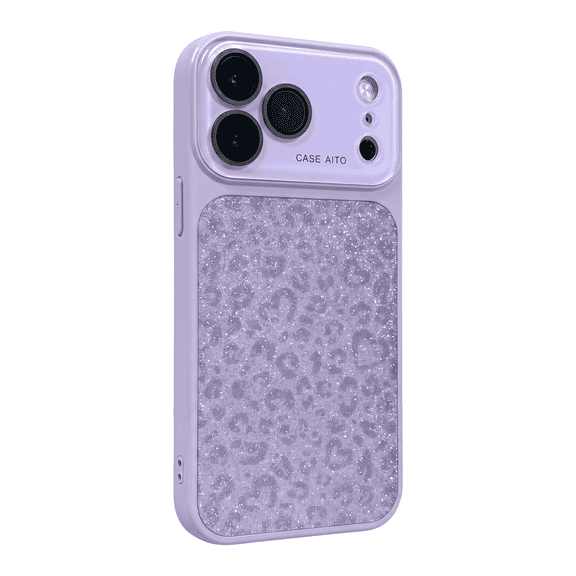 Kimify Glitter Leopard Heart Shockproof TPU Phone Case for iPhone 17 Pro Max, Lens Protection,Purple
