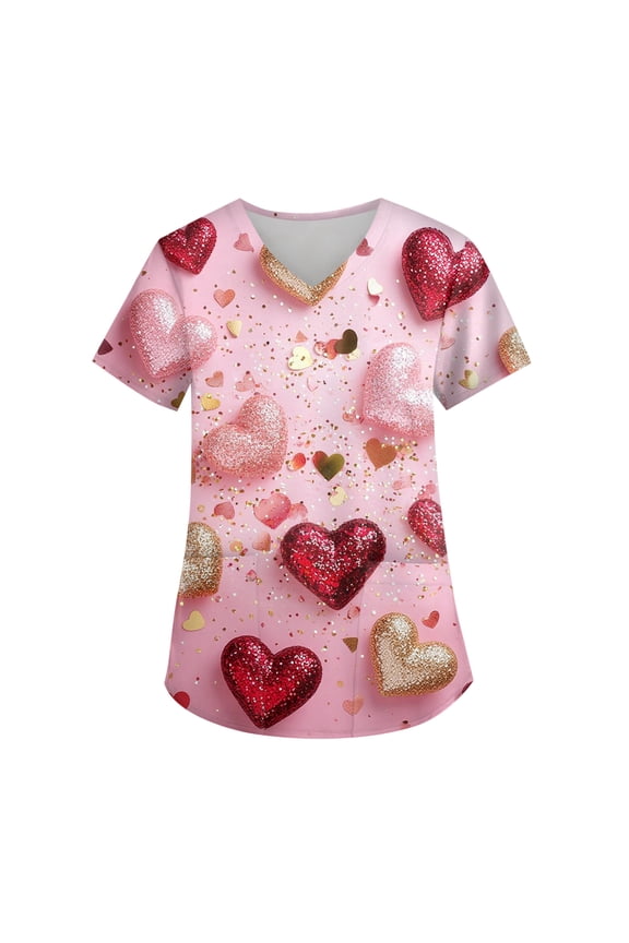 Glitter Heart Print V-Neck Caregiver Top - Women's Short Sleeve Valentine's Day Uniform with Pocket, Assorted Fashionable Designs for Work & Casual Wear