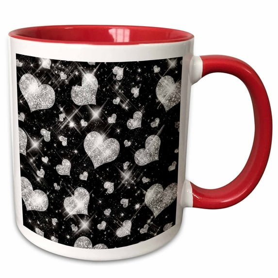 3drose, Glitter Hearts Silver, 11oz Two-tone Red Mug