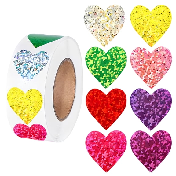 Glitter Hearts Sticker Roll 1 inch Heart Labels for Party Favors, Party Supplies, Gift Boxes, Crafts, and Scrapbooking - 500 Pack, Waterproof & Easy to Peel Off, Multicolor(Multicolor,1x1")