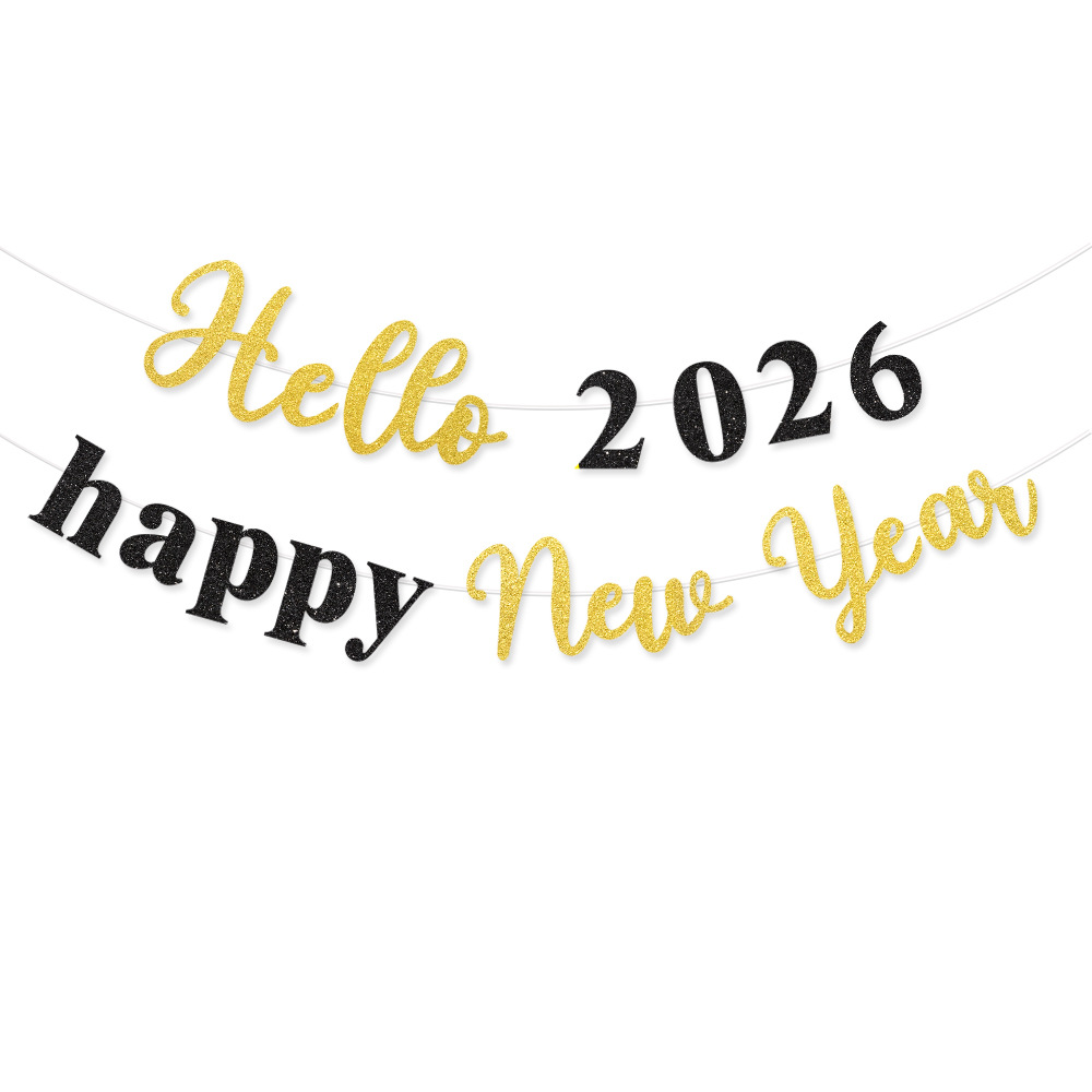 Glitter Hello 2026 Happy New Year Banner Decorations Pre Strung Black ...