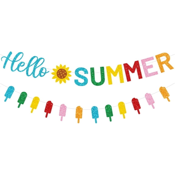 Glitter Hello Summer Banner with Sunflower Signs and Colorful Glittery Popsicle Banner Hello Summer Ice Cream Garland Banner Summer Birthday Party Fireplace Mantle Decorations Supplies