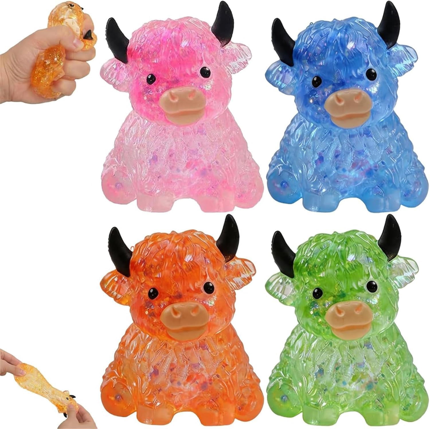 Glitter Highland Cow Fidget - Soft Slow Rising Stress Ball, Sparkly Squeeze for Adults, Cute Cow Lover