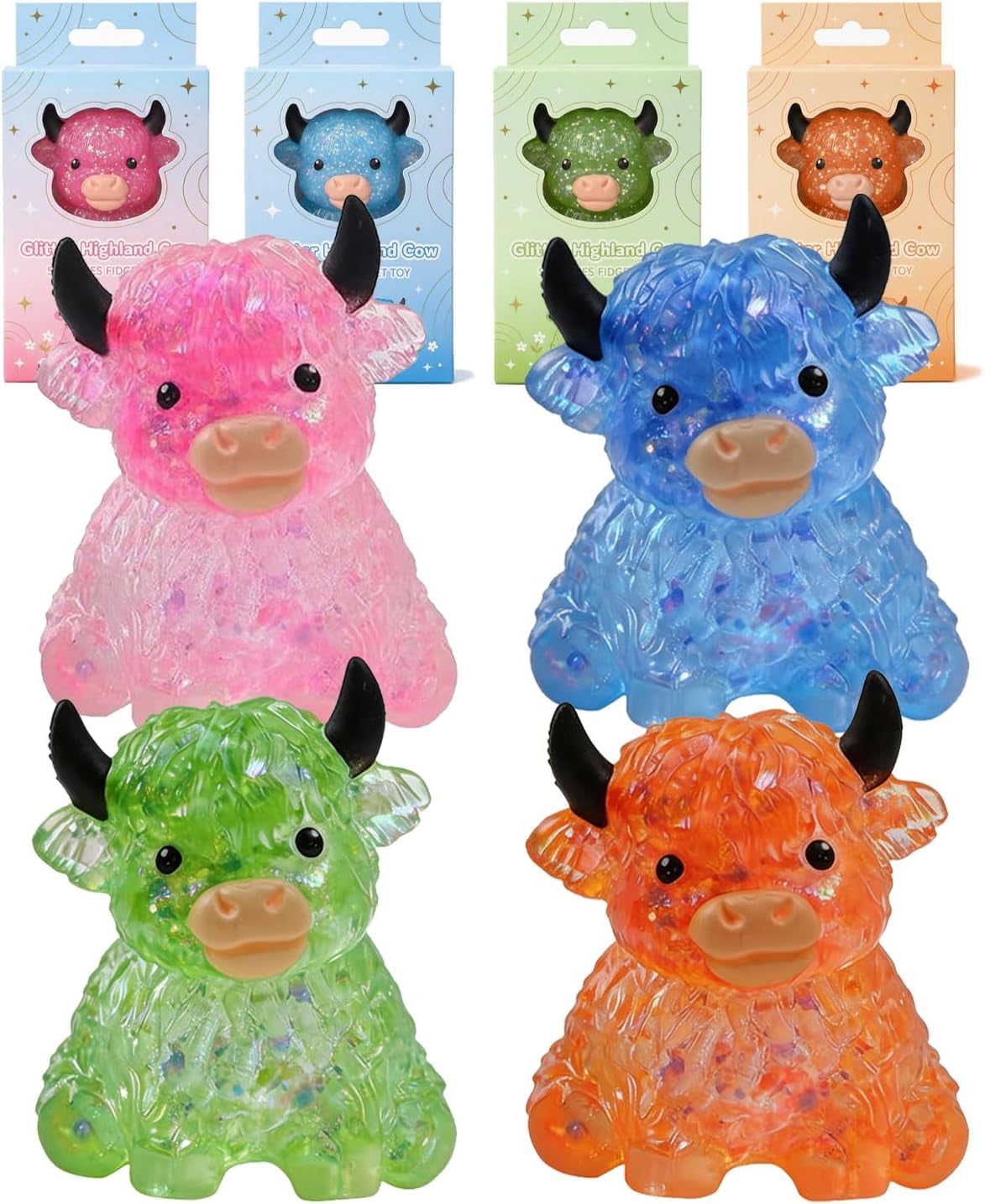 Glitter Highland Cow Squishies Fidget Stuff, Soft Slow Rising Stress Relief Ball, Cute Sensory Squeeze, Birthday Graduation Gifts for Cow Lovers