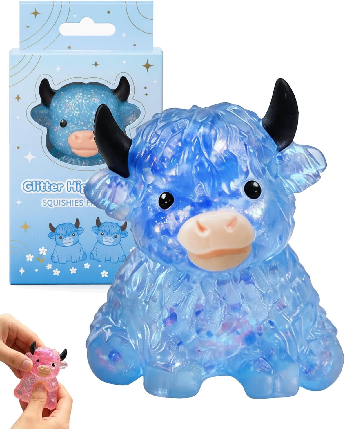 Glitter Highland Cow Squishies Fidget Stuff, Soft Slow Rising Stress Relief Ball, Cute Sensory Squeeze, Birthday Graduation Gifts for Cow Lovers