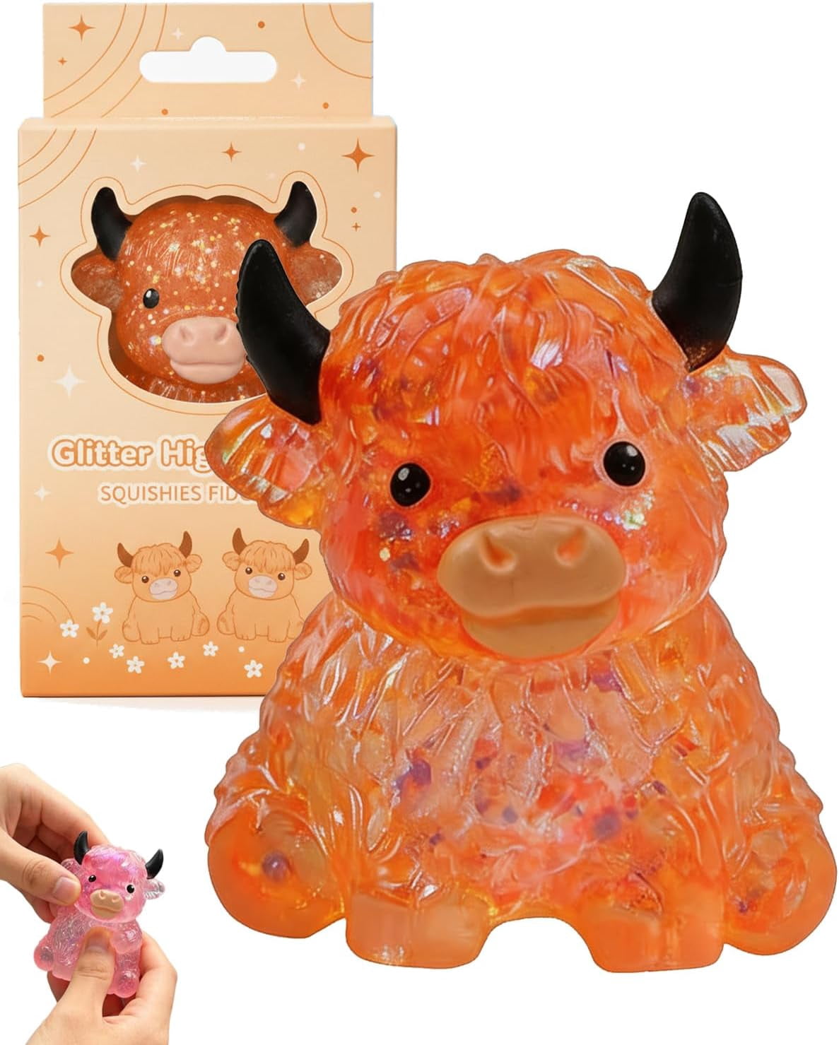 Glitter Highland Cow Squishies Fidget Stuff, Soft Slow Rising Stress Relief Ball, Cute Sensory Squeeze, Birthday Graduation Gifts for Cow Lovers
