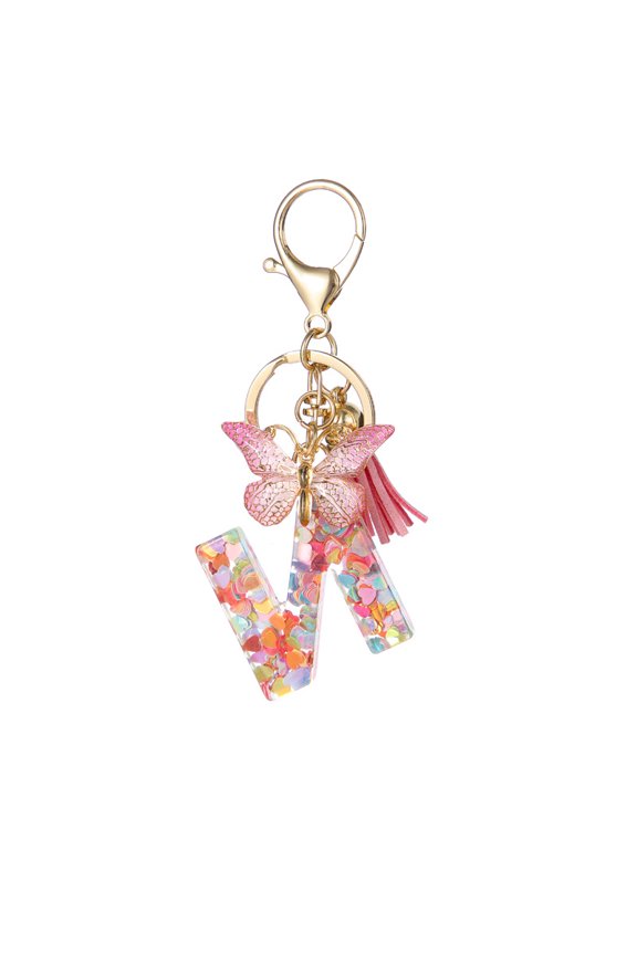 Glitter Initial Keychain for Women, Resin Letter Bag Charm with Butterfly Tassel Key Ring Accessory
