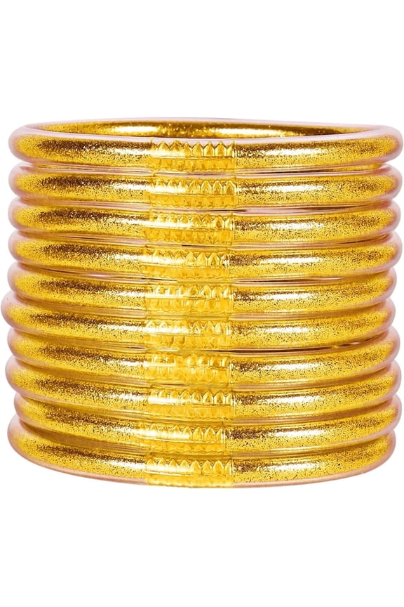 Glitter Jelly Bangle Bracelet Set - Gold tone Powder Lining Fashion Jewelry - Lightweight Cute Bracelets For Women