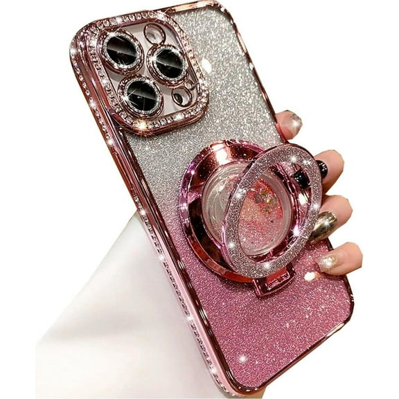 Glitter Kickstand Case for iPhone 14 Pro Max,Luxury Bling Sparkly Diamond Rhinestone with Camera Protector Liquid Flowing Ring Stand TPU Bumper Women Girls Case for iPhone 14 Pro Max (Pink)