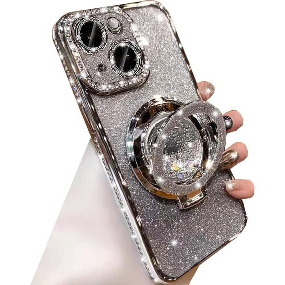 Glitter Kickstand Case for iPhone 15 Plus, Luxury Bling Sparkly Diamond Rhinestone with Camera Protector Liquid Flowing Ring Stand TPU Bumper Women Girls Case for iPhone 15 Plus 6.7" (Silver)
