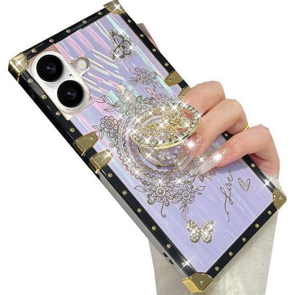 Glitter Kickstand Case for iPhone 16 Plus,Cute Luxury Bling Sparkly Rhinestones Butterfly Ring Stand Elegant Foral TPU Bumper Shockproof Women Girls Protective Case for iPhone 16 Plus, Purple