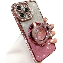 Glitter Kickstand Case for iPhone 16 Pro Max, Luxury Bling Sparkly Diamond Rhinestones with Camera Protector Liquid Flowing Ring Stand TPU Bumper Women Girls Case for iPhone 16 Pro Max (Pink)