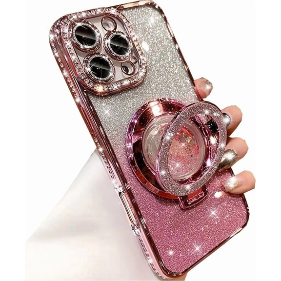 Glitter Kickstand Case for iPhone 16 Pro Max, Luxury Bling Sparkly Diamond Rhinestones with Camera Protector Liquid Flowing Ring Stand TPU Bumper Women Girls Case for iPhone 16 Pro Max (Pink)