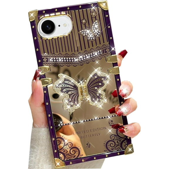 Glitter Kickstand Case for iPhone 16e,Cute Luxury Bling Sparkly Diamond Butterfly with Foldable Stand Elegant Mirror Shockproof Protective Case for Women Girls for iPhone 16e 6.1" 2025,Purple