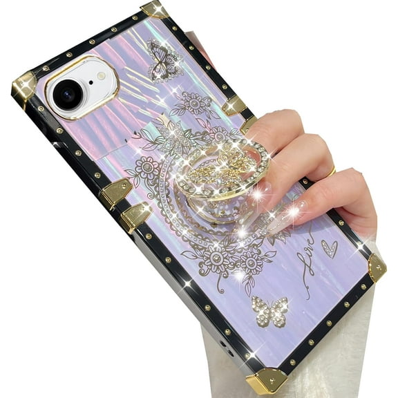Glitter Kickstand Case for iPhone 16e,Cute Luxury Bling Sparkly Diamond Butterfly Ring Stand Elegant Floral TPU Bumper Shockproof Women Girls Protective Case for iPhone 16e 6.1" 2025 (Purple)