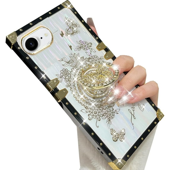 Glitter Kickstand Case for iPhone 16e,Cute Luxury Bling Sparkly Diamond Butterfly Ring Stand Elegant Floral TPU Bumper Shockproof Women Girls Protective Case for iPhone 16e 6.1" 2025 (White)