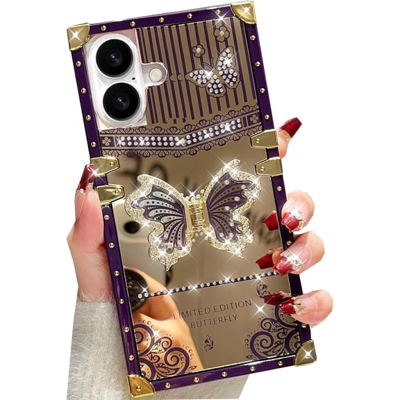 Glitter Kickstand Case for iPhone 17,Cute Girly Luxury Bling Sparkly Diamond Butterfly with Foldable Stand Elegant Mirror Back Shockproof Women Girls Protective Case for iPhone 17 6.3",Purple
