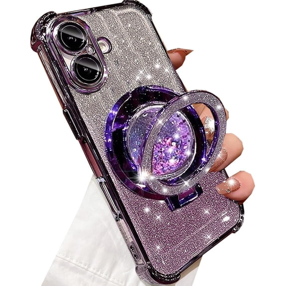 Glitter Kickstand Case for iPhone 17,Cute Luxury Bling Sparkly Case with Camera Lens Protector Liquid Flowing Ring Stand Soft TPU Bumper Shockproof Women Girls Cover for iPhone 17 6.3",Purple