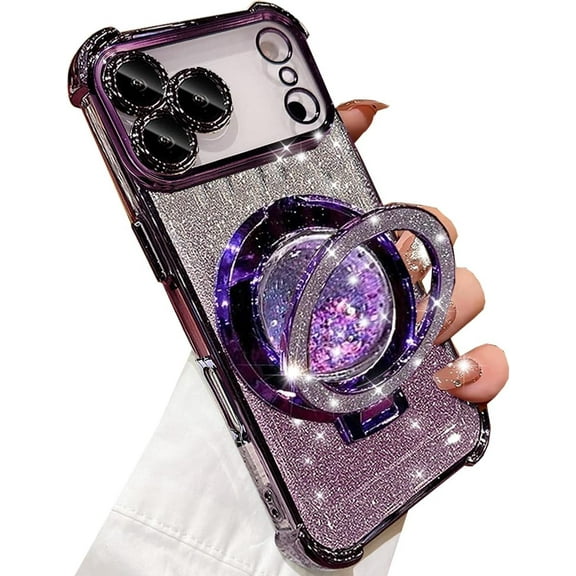 Glitter Kickstand Case for iPhone 17 Pro,Cute Luxury Bling Sparkle Case with Camera Lens Protector Liquid Flowing Ring Stand Soft TPU Shockproof Women Girl Cover for iPhone 17 Pro 6.3",Purple