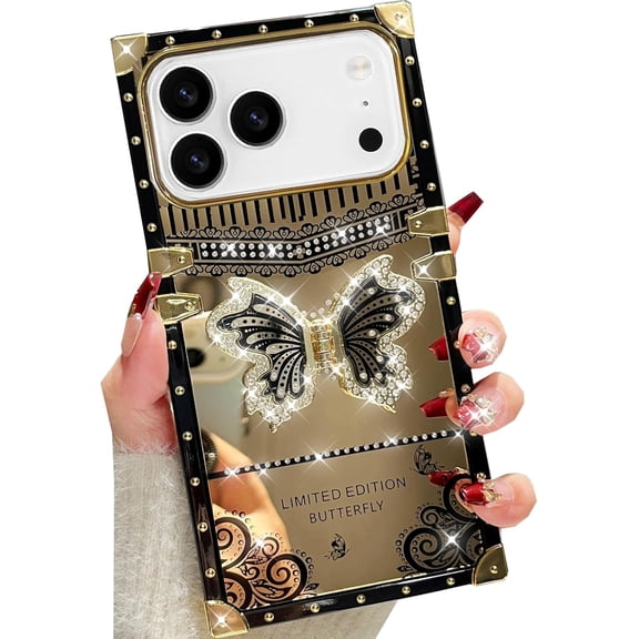 Glitter Kickstand Case for iPhone 17 Pro Max,Cute Luxury Bling Sparkly Diamond Butterfly with Foldable Stand Elegant Mirror Shockproof Women Girls Protective Case for iPhone 17 Pro Max, Black