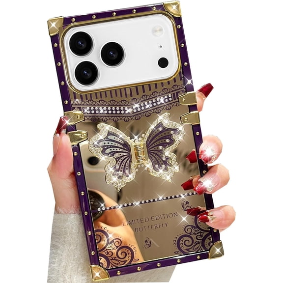 Glitter Kickstand Case for iPhone 17 Pro Max,Cute Luxury Bling Sparkly Diamond Butterfly with Foldable Stand Elegant Mirror Shockproof Women Girls Protective Case for iPhone 17 Pro Max,Purple