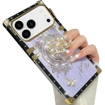 Glitter Kickstand Case for iPhone 17 Pro Max,Cute Luxury Bling Sparkly Diamond Butterfly with Ring Stand Elegant Floral Shockproof Protective Case for Women Girls for iPhone 17 Pro Max,Purple