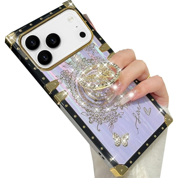 Glitter Kickstand Case for iPhone 17 Pro Max,Cute Luxury Bling Sparkly Diamond Butterfly with Ring Stand Elegant Floral Shockproof Protective Case for Women Girls for iPhone 17 Pro Max,Purple