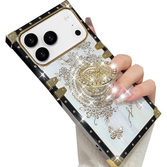 Glitter Kickstand Case for iPhone 17 Pro Max,Cute Luxury Bling Sparkly Diamond Butterfly with Ring Stand Elegant Floral Shockproof Protective Case for Women Girls for iPhone 17 Pro Max, White