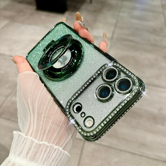 Glitter Kickstand Compatible with Magsafe Case for iPhone 17 Pro, Luxury Bling Sparkly Diamond Rhinestone with Ring Stand Plating TPU Bumper Slim Women Girls Phone Case for iPhone 17 Pro, Darkgreen