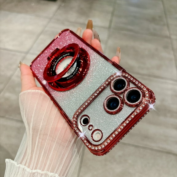 Glitter Kickstand Compatible with Magsafe Case for iPhone 17 Pro Max, Luxury Bling Sparkly Diamond Rhinestone with Ring Stand Plating TPU Bumper Slim Women Girls Phone Case for iPhone 17 Pro Max, Red